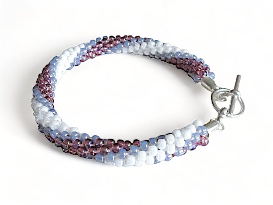 Purple & White Stripe Kumihimo Bracelet - Choose Your Own Colours of Seed Beads
