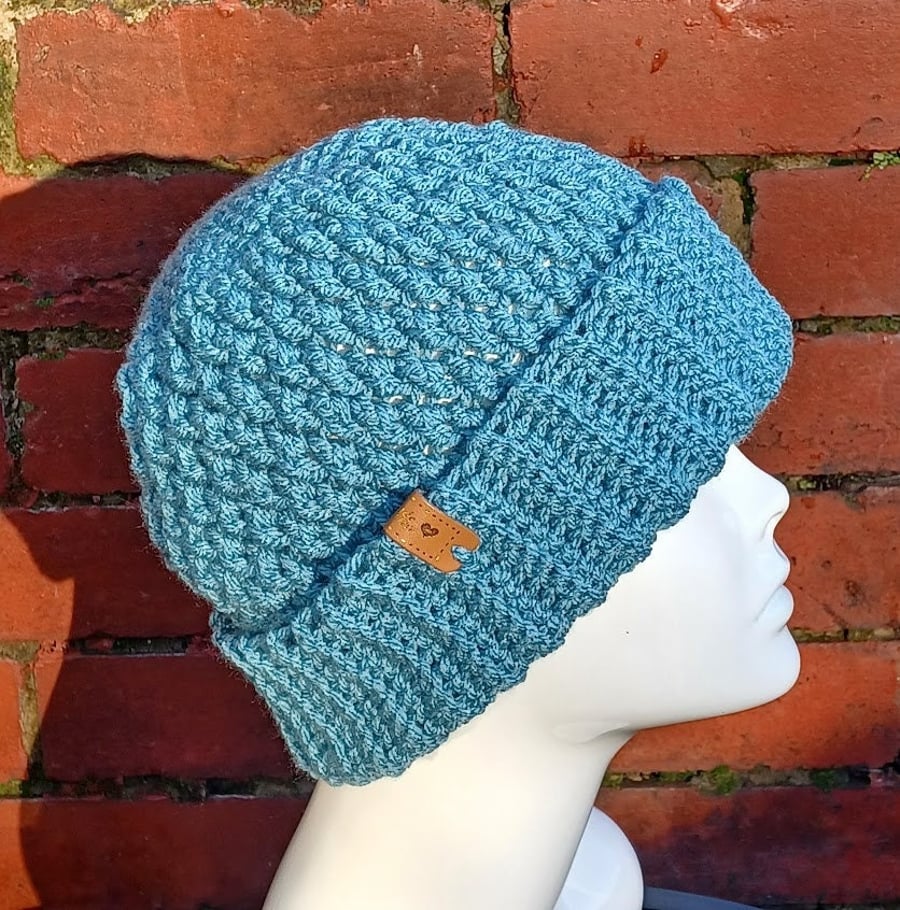 Crochet chunky blue beanie hat