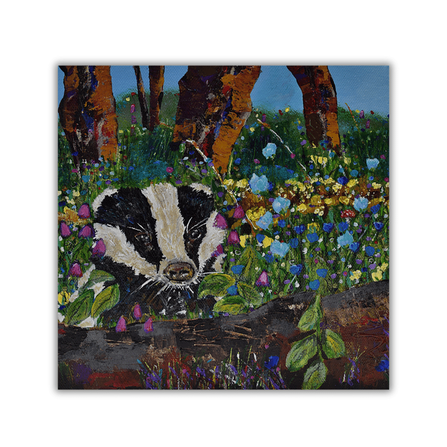 Ready to hang - an original animal painting - badger - woodland - wildflowers