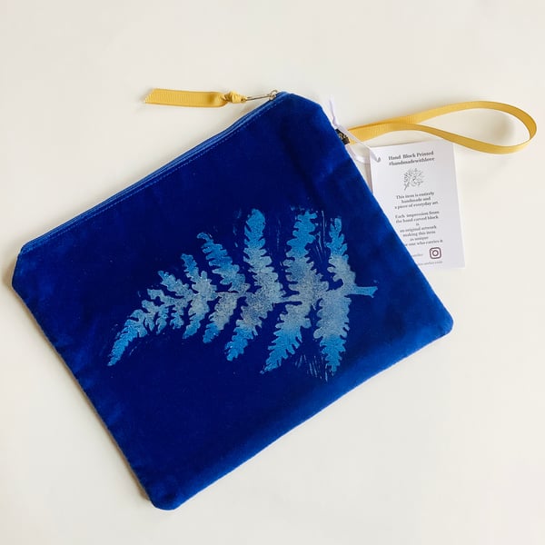 Cobalt Blue Large Fern medium velvet zip-up pouch 