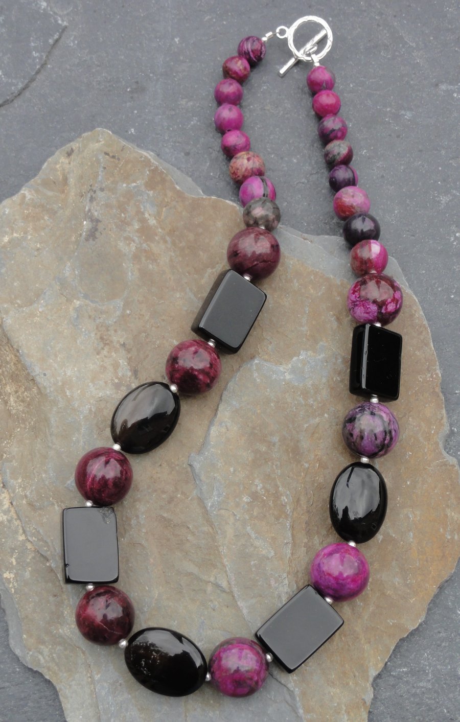 Black agate, purple jasper and sterling silver necklace