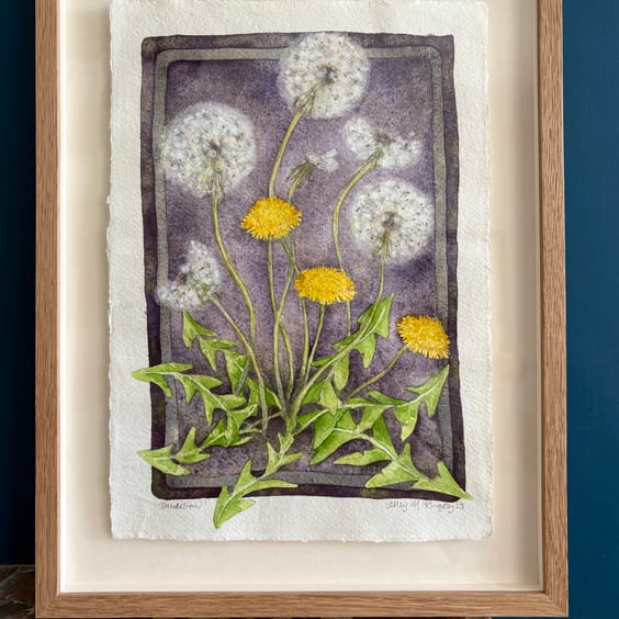 Framed original watercolour and ink painting, 'Dandelion'