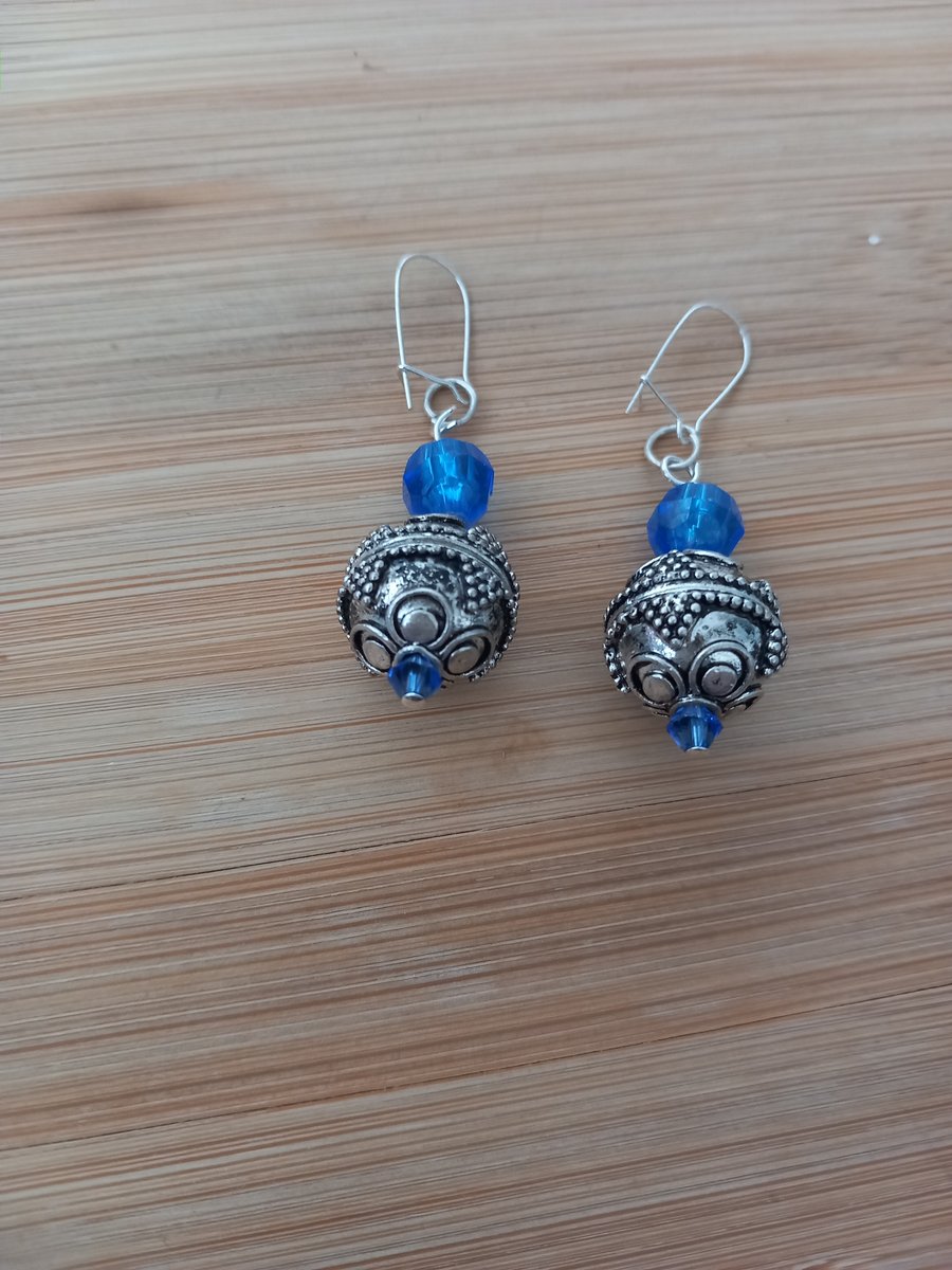 Blue and silver trendy dangle earrings for pierced ears