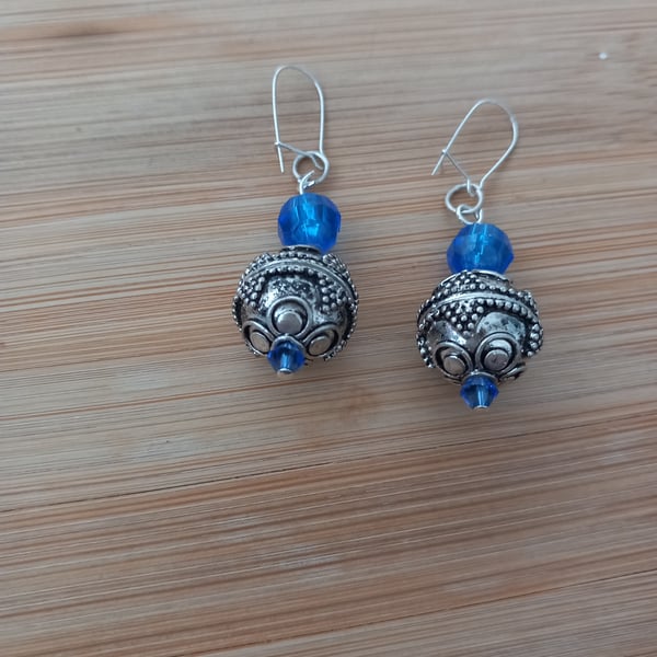 Blue and silver trendy dangle earrings for pierced ears