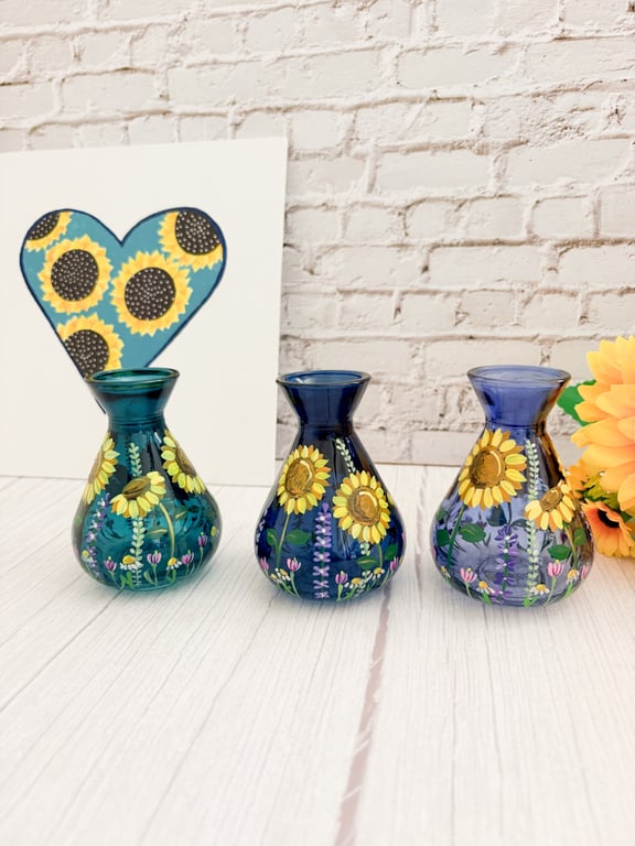 Small Blue Glass Vase Hand Painted With Sunflowers 