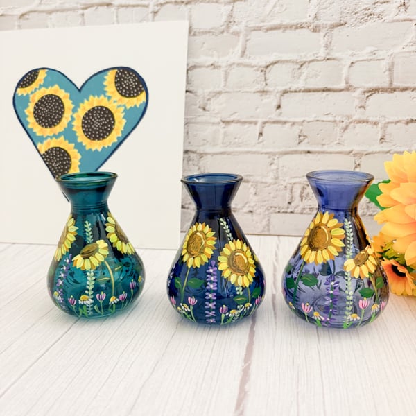 Small Blue Glass Vase Hand Painted With Sunflowers 