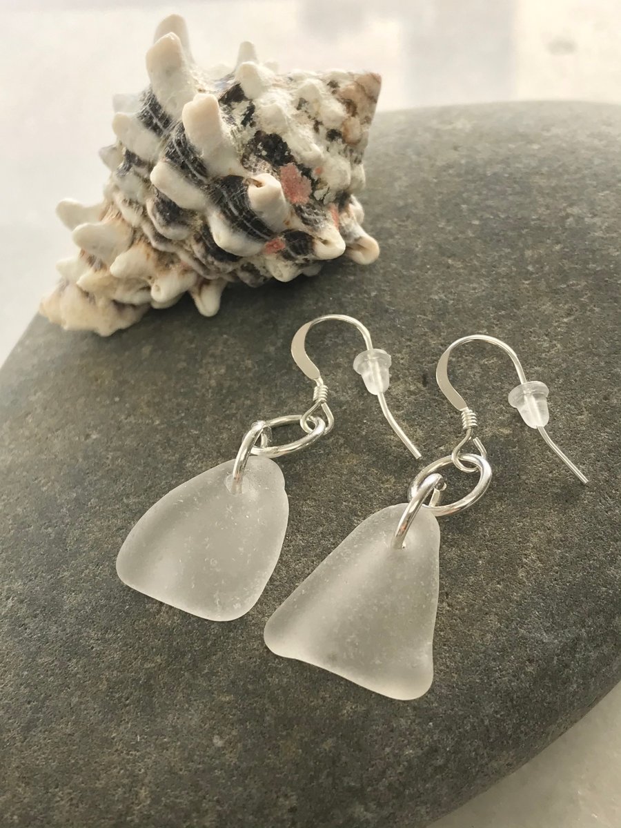 White Devon Sea Glass And Sterling Silver Earrings, Unique Earrings, Sustainable