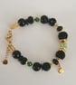 Gold, green & black beaded bracelet, heart charm,  - Image 4
