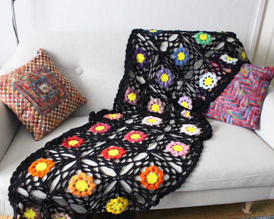 Crochet cotton throw blanket in black and multi-colours - one-of-a-kind