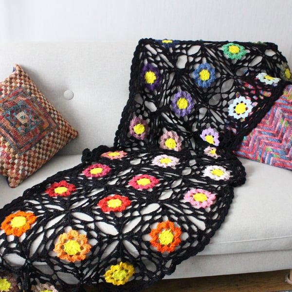 Crochet cotton throw blanket in black and multi-colours - one-of-a-kind