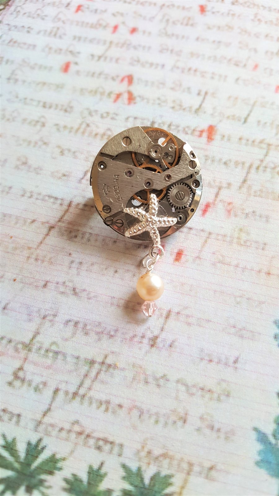 Steampunk Vintage Watch Movement Brooch On The Beach Sterling Silver Starfish Cu