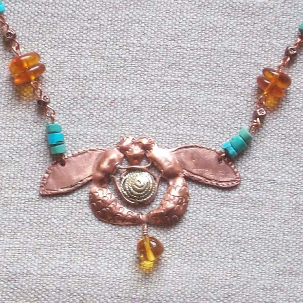'Wise Bees' Necklace in Copper with Amber and Turquoise