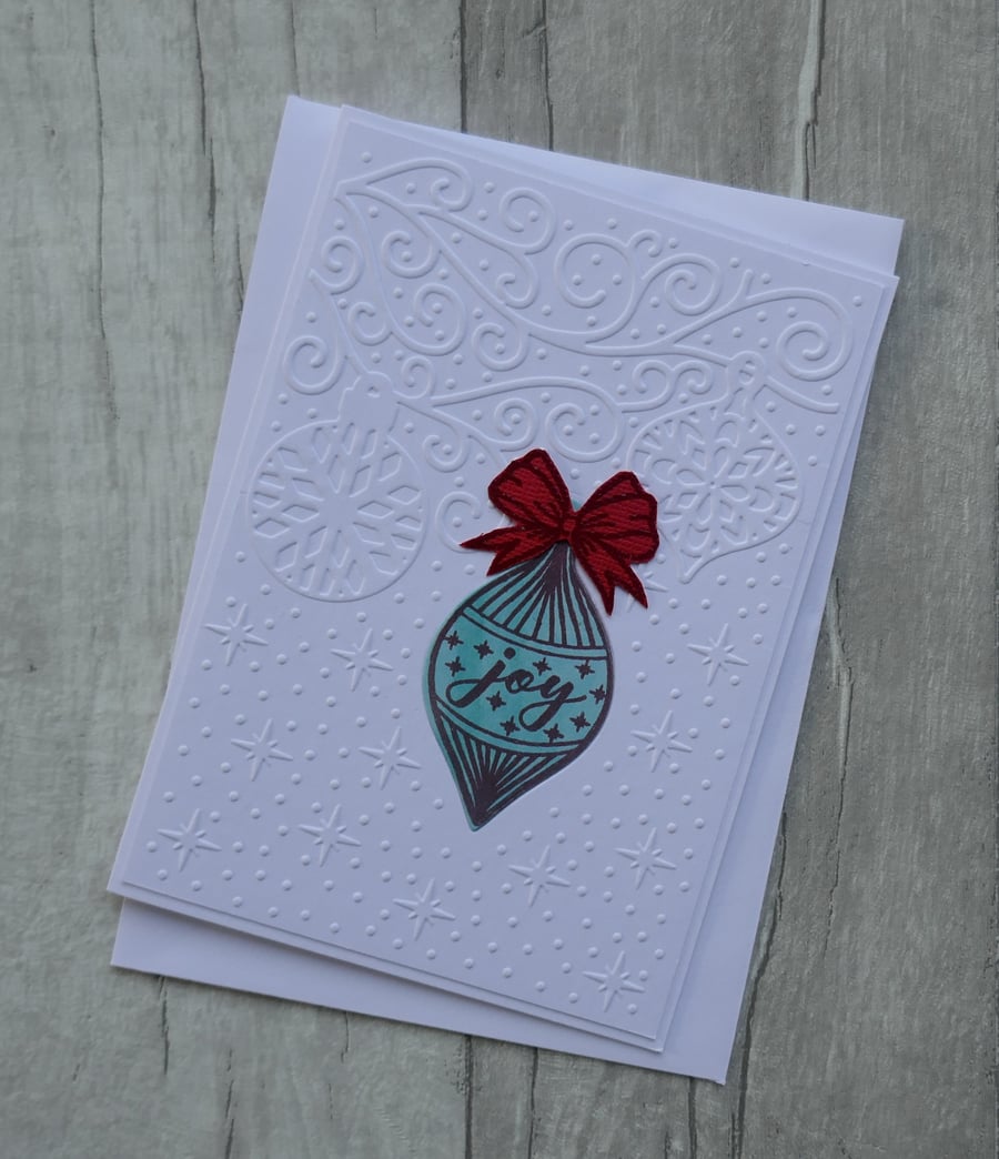 Turquoise Bauble with Red Bow - Joy - Christmas Card