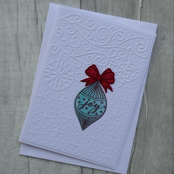 Turquoise Bauble with Red Bow - Joy - Christmas Card