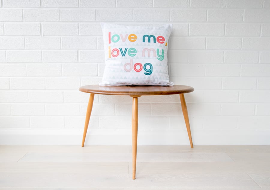 Dog cushion gift for her 'Love me, love my dog' modern rainbow typography print