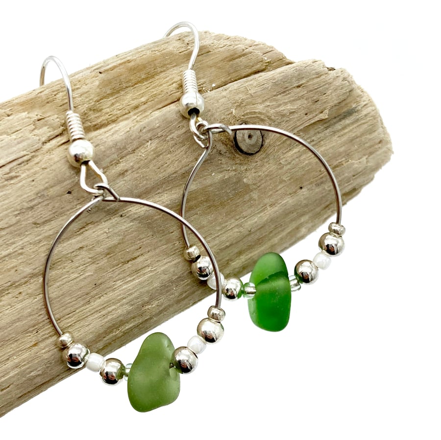 Green Sea Glass Hoop Silver Earrings - Handmade Scottish Seaglass Jewellery