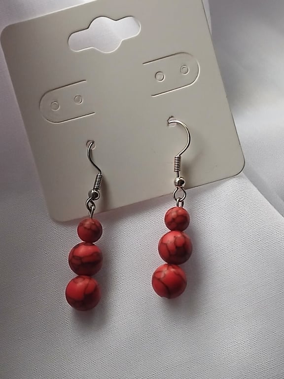 Red Jasper Gemstone Bead Dangle Earrings, Hypoallergenic Silver Drops