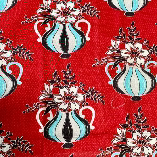 Iconic RARE Mid Century FLower Vases RED 50s Barkcloth Vintage Fabric for sale