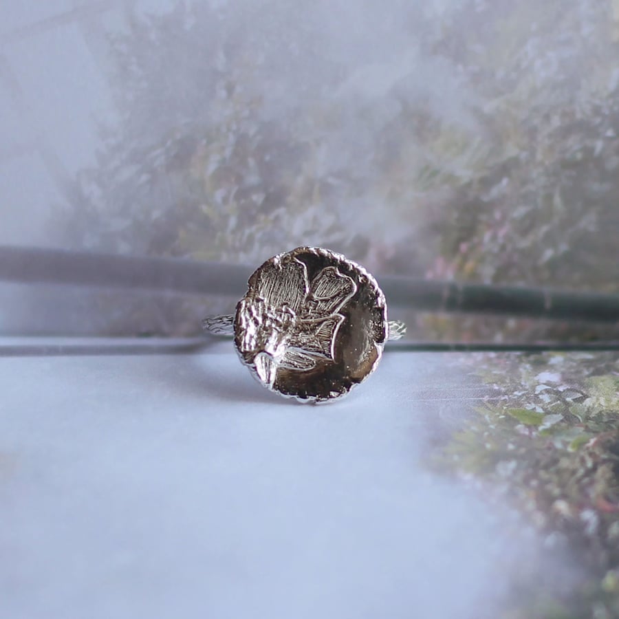 Cherry Blossom Medallion Ring, Sterling Silver, Stackable Flower Ring