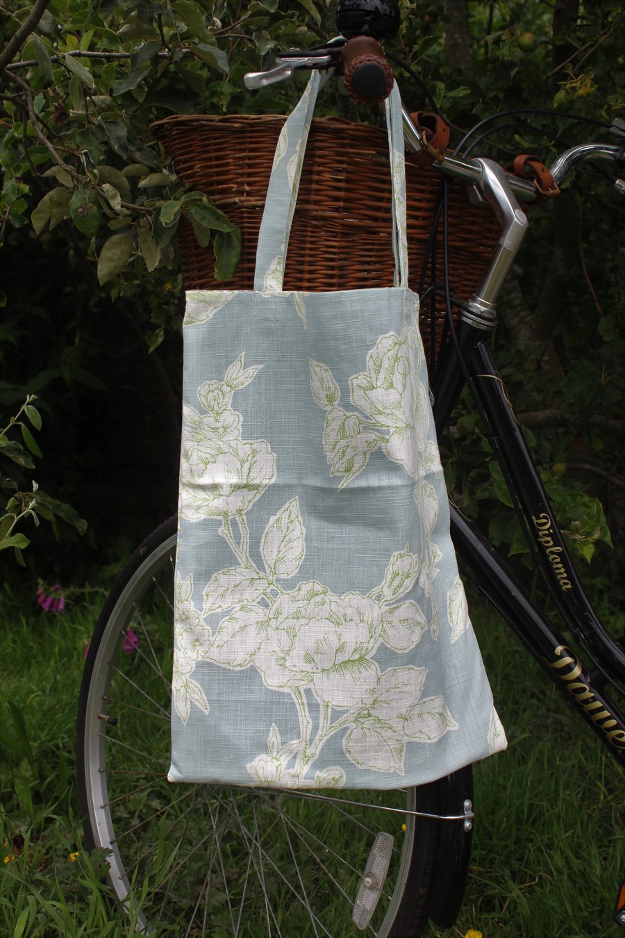 Large linen shopper bag made from Laura Ashley blue floral fabric - free postage