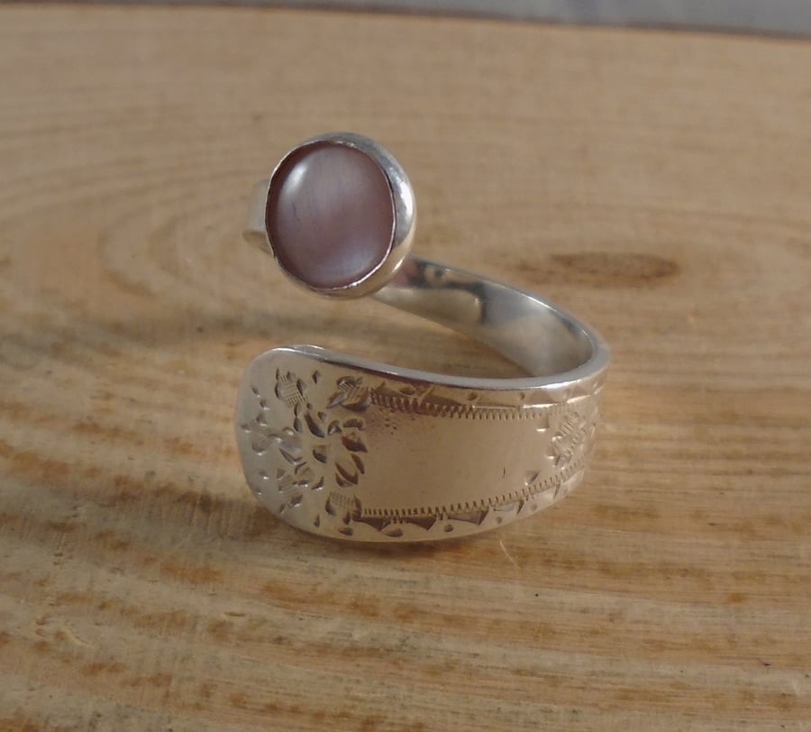 Sterling Silver Upcycled Bright Spoon Handle Ring with Pink Mother Of Pearl