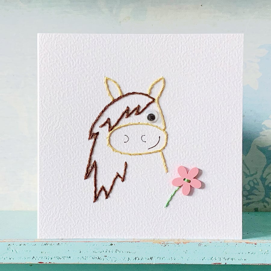 Hand Sewn Pony Card. Horse Card. Equine Card. Horses. Embroidered Card. Flowers.