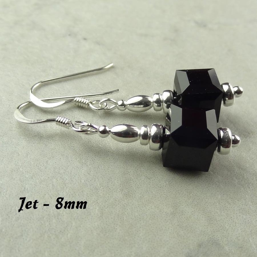 Black Austrian crystal drop earrings, sterling silver, 8mm faceted