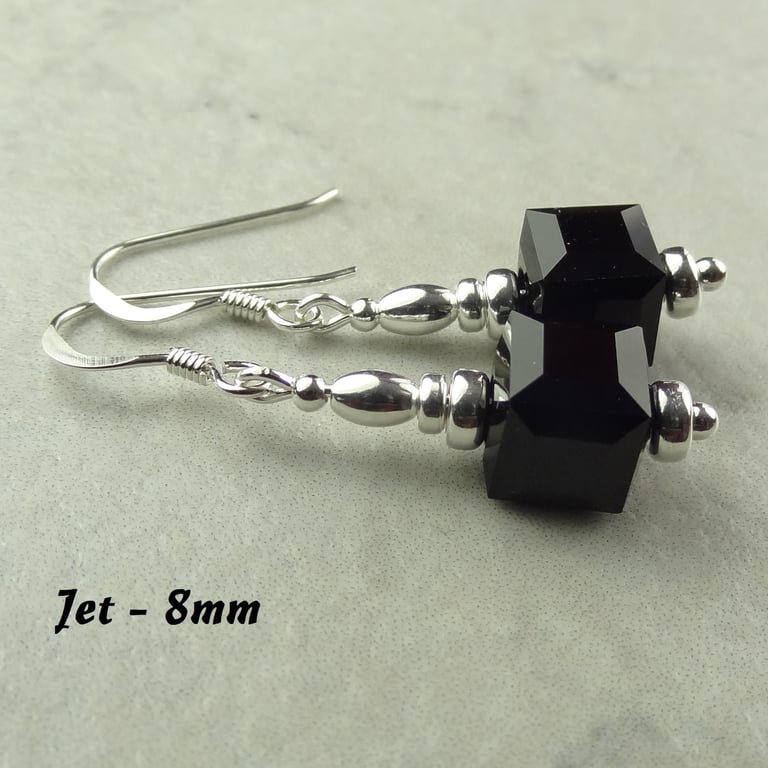 Black Austrian crystal drop earrings, sterling silver, 8mm faceted