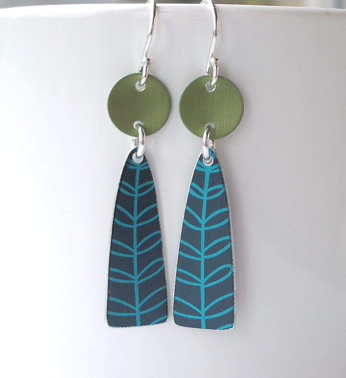 Teal and turquoise and lime leaf earrings 