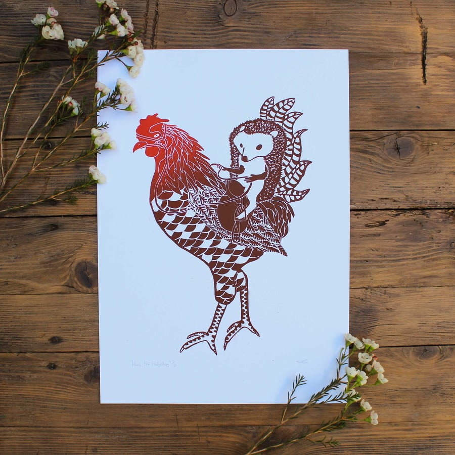 Hans the hedgehog A3 lino print