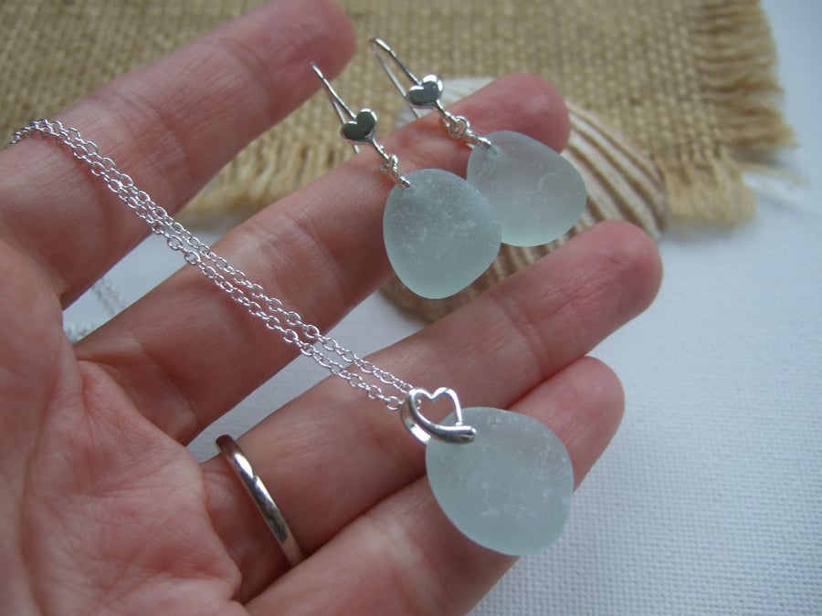 Seaham sea glass jewellery set, romantic heart design earrings and pendant