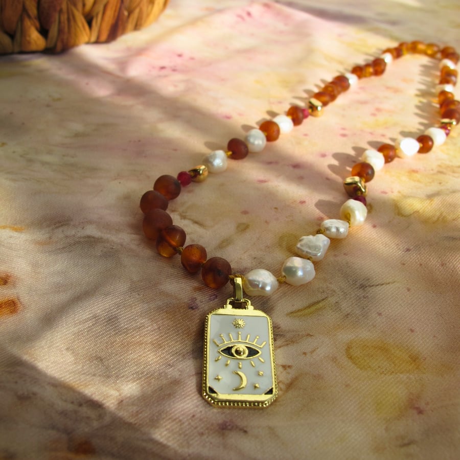 "Luna" Cognac Amber and Pearl Necklace with Evil Eye Pendant, Moon and Stars
