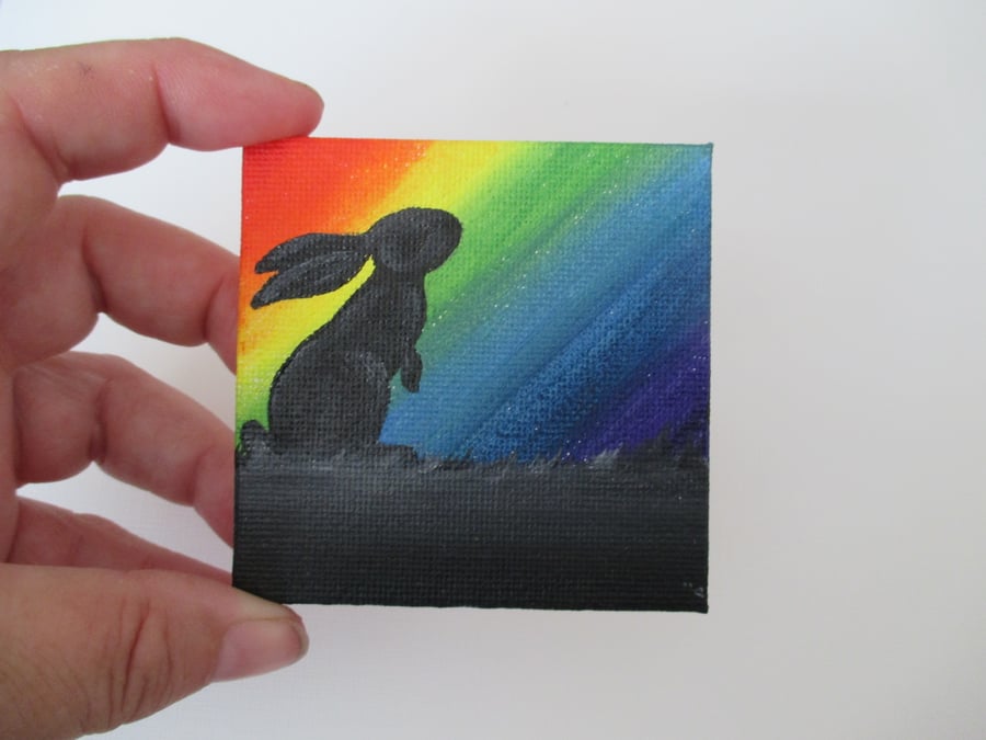 Bunny Rabbit Rainbow Silhouette Original Art Picture Painting Mini Miniature