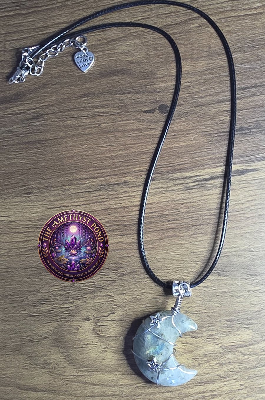 Handmade Wire Wrapped Larvikite Moon Necklace