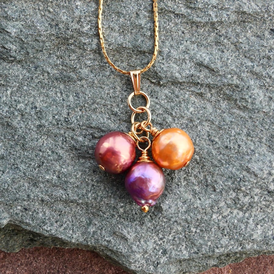 Trio of Baroque Pearls - Colourful Pendant with 14k Gold Filled Bail and Chain 