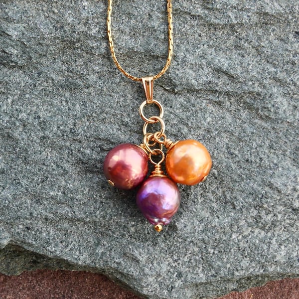 Trio of Baroque Pearls - Colourful Pendant with 14k Gold Filled Bail and Chain 