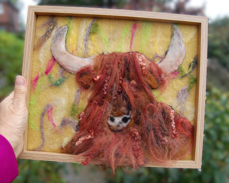  Highland Cow - Needle felt wool picture, textile art