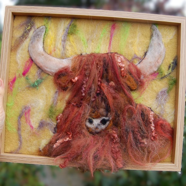  Highland Cow - Needle felt wool picture, textile art