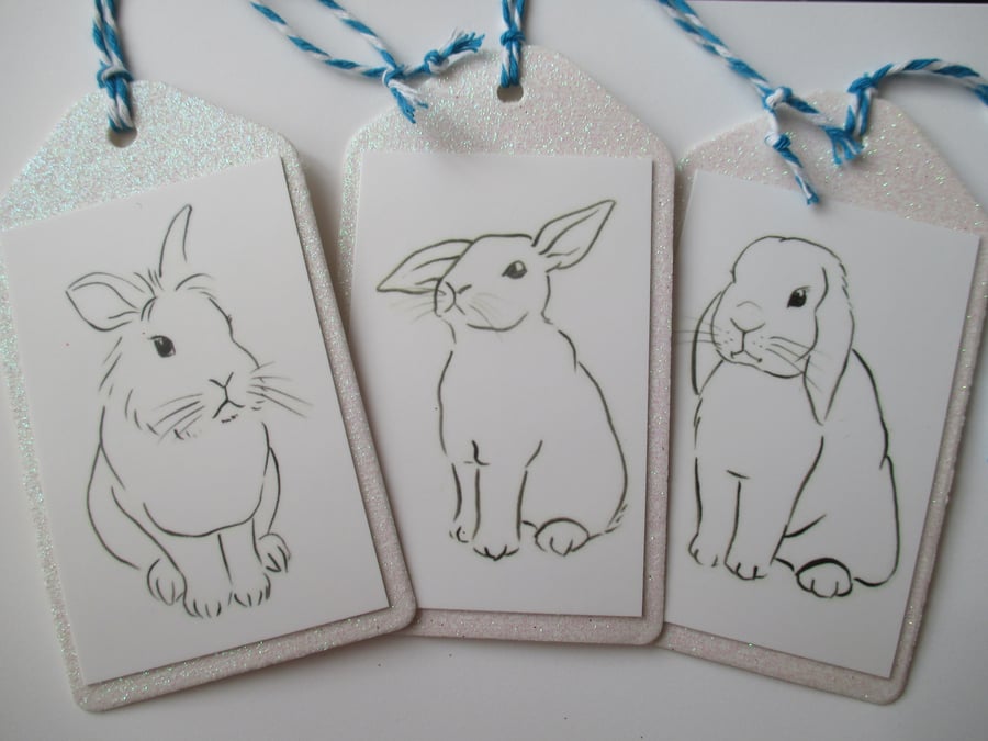 SALE Christmas Gift Tag Bunny Rabbit Line Drawing White Glitter x 3