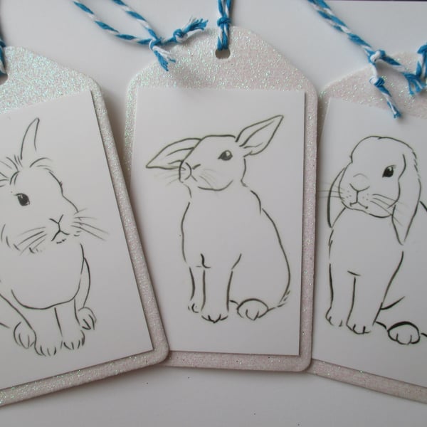 SALE Christmas Gift Tag Bunny Rabbit Line Drawing White Glitter x 3