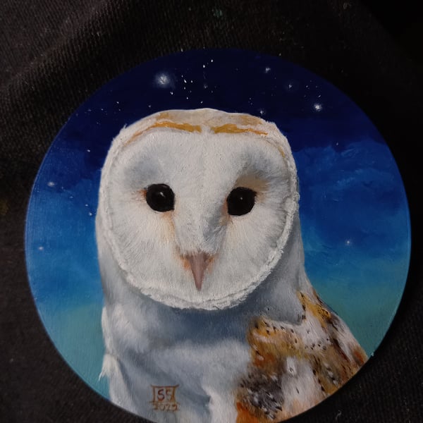 Pretty barn owl round oil painting 