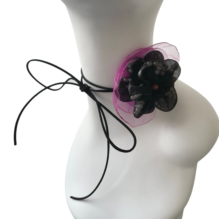 Flower choker Black and violet organza fabric flower corsage tie choker 