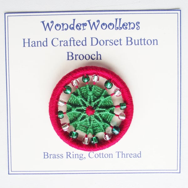 Dorset Button or Brooch, Festive Brooch, Red, Green, Beaded