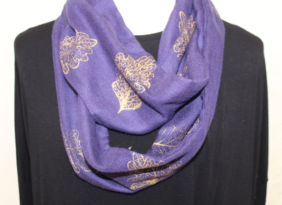 Blue and gold infinity scarf,hand printed oak leaf,Sunday Seconds, Eco gift