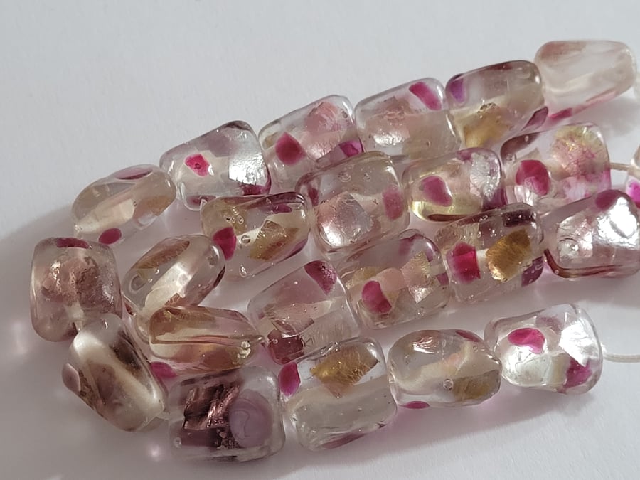 12  15x10mm  Glass Beads With Pink and Silver Details