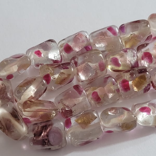 12  15x10mm  Glass Beads With Pink and Silver Details