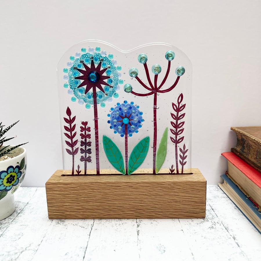 Fused Glass Botanicals on Oak 6 - Handmade Fused Glass Sculpture