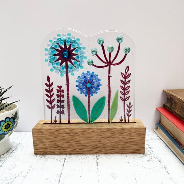 Fused Glass Botanicals on Oak 6 - Handmade Fused Glass Sculpture