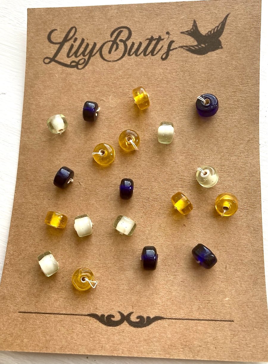 19 Glass Beads, Blue, Yellow and White 5mm