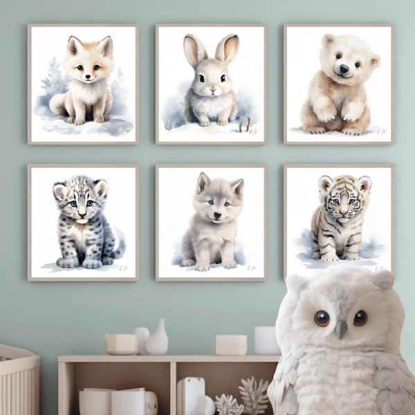 Watercolour Nursery Prints 'Cute Snow Animals' - Wolf, Lynx, Rabbit, Owl, Bear